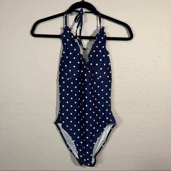 𝅺*Old Navy Halter One-Piece Navy Blue Bathing Suit w/ White Polka Dots - Size S - Picture 1 of 8